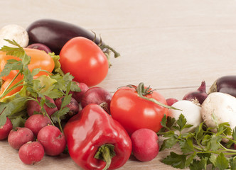 frame made of vegetables on wooden background.