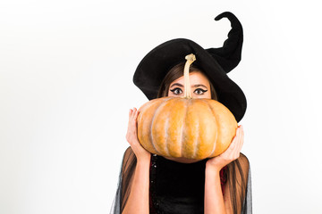 Halloween Witch with a carved Pumpkin. Happy Halloween Stickers. Halloween holiday concept. Ready...