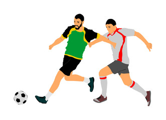 Fototapeta na wymiar Soccer players in duel vector illustration isolated on white background. Football player battle for the ball and position. Attractive sport game, superstars on the scene.