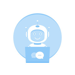 Cute smiling chat bot working in behind laptop. Modern flat vector illustration