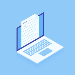 laptop with writing letter or journal isolated on blue background, journalist author working. Blogging. Modern isometric style vector illustration