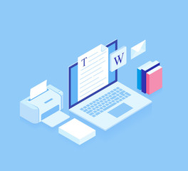 Flat isometric 3d workspace concept vector. Devices set on blue background. Laptop, printer, paper. Modern vector illustration