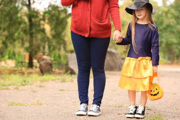 Cute little girl in Halloween costume and her mother outdoors