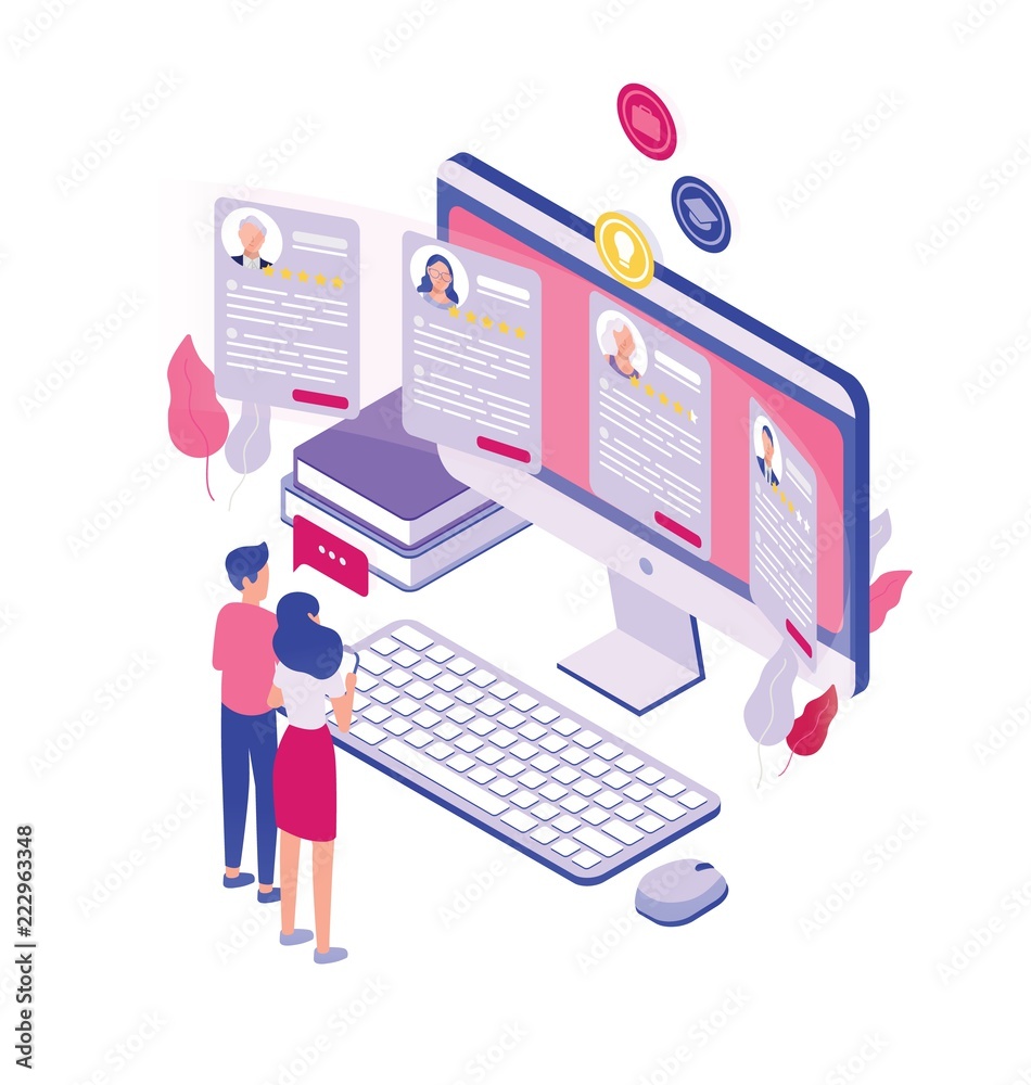 Aufkleber Pair of tiny people standing in front of giant computer screen and looking through job applications isolated on white background. Concept of personnel recruitment. Isometric vector illustration.