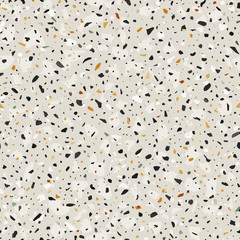 Terrazzo flooring vector seamless pattern in light warm colors with accents. Classic italian type of floor in Venetian style composed of natural stone, granite, quartz, marble, glass and concrete