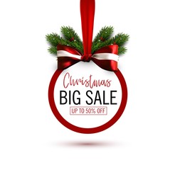 Christmas sale sticker with bow and christmas tree branches. Holiday sale banner. Vector christmas template