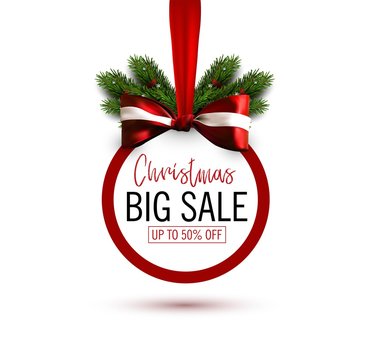Christmas sale sticker with bow and christmas tree branches. Holiday sale banner. Vector christmas template