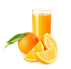 orange juice with orange and green leaf isolated on white background. juice in glass