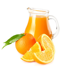 orange juice with orange and green leaf isolated on white background. juice in jug