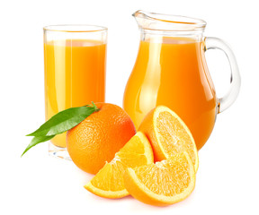 orange juice with orange and green leaf isolated on white background. juice in glass