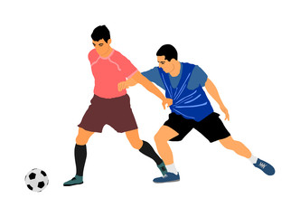 Soccer players in duel vector illustration isolated on white background. Football player battle for the ball and position. Sport activity people. Man competition. Handsome boy play soccer with friend. - obrazy, fototapety, plakaty