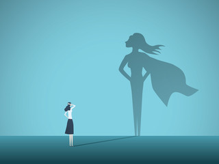 Fototapeta Businesswoman with superhero shadow vector concept. Business symbol of emancipation, ambition, success, motivation, leadership, courage and challenge. obraz