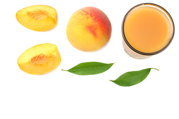 glass of peach juice with peach fruit, green leaf and slices isolated on white background. top view