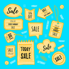 Hand drawn stickers and labels vector set rough style. sale decoration or speech bubble.