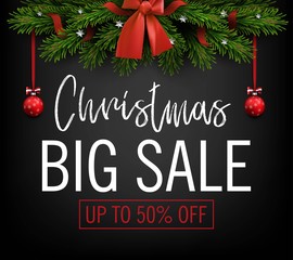 Naklejka na ściany i meble Vector christmas sale banner. Holiday offer. Christmas tree with decorations
