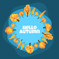 cartoon vector banner with autumn trees and text 'hello autumn'