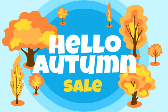 cartoon vector banner with autumn trees and text 'hello autumn'