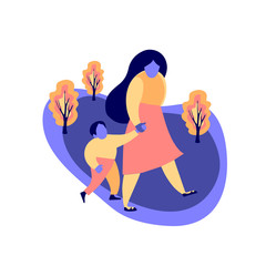 Flat vector illustration. Young woman with child . Mother leads the son by the hand. Son and mom. Autumn trees.
