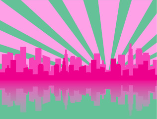 Fototapeta premium Green and pink city skyline silhouette