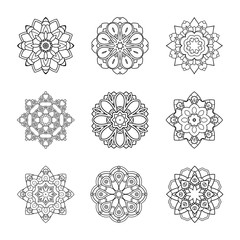 Vector Monochrome Set of Mandalas. Round Abstract Objects Isolated On White Background. Ethnic Decorative Element