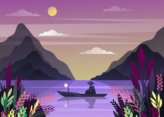 Nature landscape with mountains and fisherman