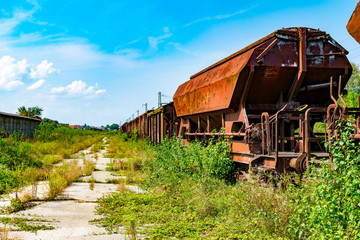 Fototapeta na wymiar Verrostete Zugwaggons stehen auf alten Gleisen