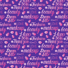 Female beauty inscription seamless pattern. Pink lettering isolated on purple background. Vector illustration.