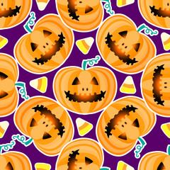 Jack lantern Happy Halloween jackolantern seamless pattern.Vector illustration isolated on purple background.