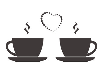Two cups of hot drink and heart. Love, romantic breakfast or dinner. Vector illustration