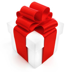 White gift box with red ribbon
