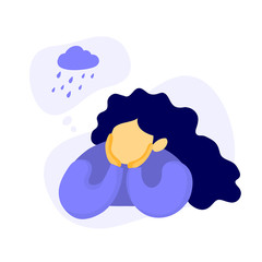 Young girl in a flat  style with the speech buubble rainy cloud. Bad mood and apathy illustration.
