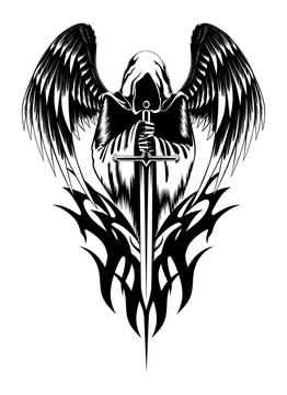 Vector image of an angel with a sword.
