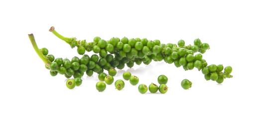 Fresh green peppercorns isolated on a white background.