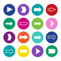 Set of sixteen arrows in a colorful circles