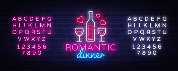 Romantic Dinner Neon Logo Vector. Wine neon sign, design template, modern trend design, night neon signboard, night light advertising, light banner, light art. Vector. Editing text neon sign