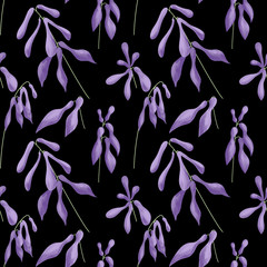 Seamless pattern of lilac flowers of hostas on a black background. Digital illustration.