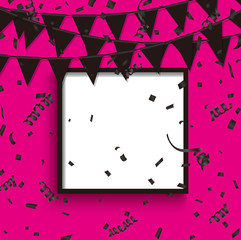 Black party flag and confetti on pink background with frame poster. Vector illustration.