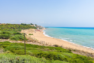 Fototapeta premium View of the sea and beach leading to Marinella from the Acropolis of the archaeological park of Selinunte, an ancient Greek city on a seaside hill in the south west coast of Sicily.