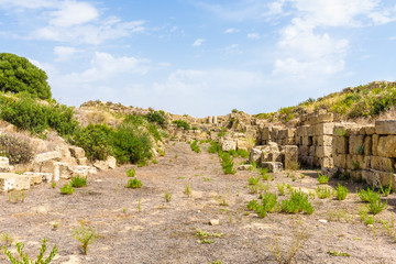 Fototapeta premium Ruins of the fortifications of the Acropolis inside the archaeological park of Selinunte, an ancient Greek city on a seaside hill in the south west coast of Sicily.