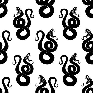 Seamless pattern with black snakes on a white background.