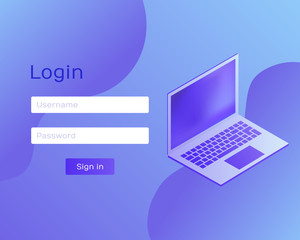 Login Application with Password From Window via laptop. Clean Mobile UI Design Concept. Trendy Holographic Gradients. Flat Web Icons. Modern vector illustration