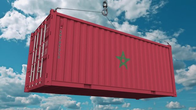 Loading container with flag of Morocco. Moroccan import or export related conceptual 3D animation