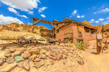 Calico and abandoned gold and silver mines. Calico is a ghost town, and former Mining town in Calico Mountains of Mojave Desert, Southern California, USA. Historic Park and popular travel destination.
