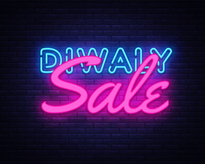 Diwali Festival Sale neon sign vector. Diwali Hindu Sale Design template neon sign, light banner, neon signboard, nightly bright advertising, light inscription. Vector illustration