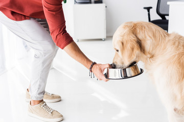 cropped view of man feeding golden retriever dog from metal bowl