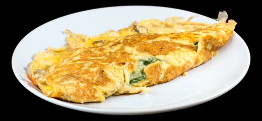 Printed roller blinds Buffet, Bar Omelet with organic spinach, cheese and mushrooms isolated on black background