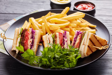 Club sandwiches with turkey meat, close up