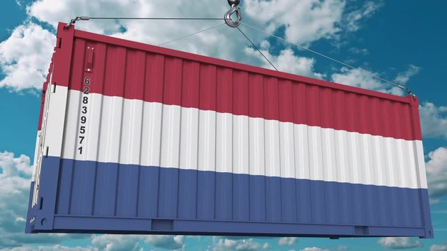 Container with flag of Netherlands. Dutch import or export related conceptual 3D animation