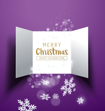 Christmas advent Calendar Doors opening with snowflakes and glitter. Vector illustration.