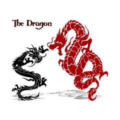 Two dragons (black and red) in fight, silhouette on white background,
